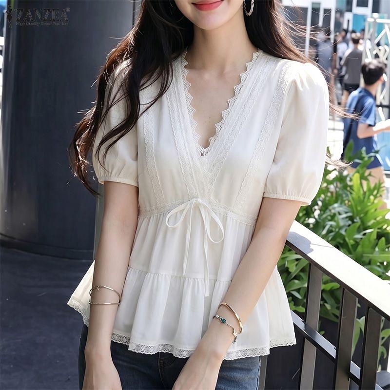 ZANZEA Women Elegant Lace Splice V-Neck Casual Short Sleeve Blouse