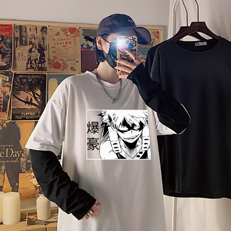 My Hero Academia Bakugo Katsuki T-shirt Summer Harajuku Japan Anime Streetwear Cartoon Summer Long Sleeve Fake Two Piece Tees