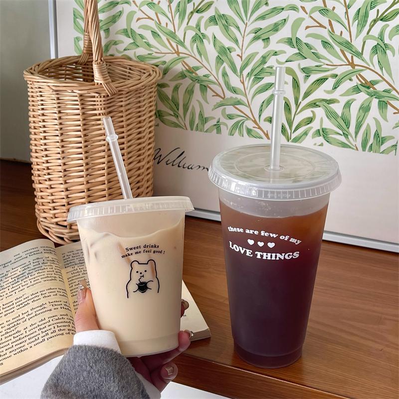 Cute Water Bottle With Straw Lid Kawaii Plastic Water Cups For Coffee Juice Milk Tea Portable Reusable Drinking Bottle BPA Free