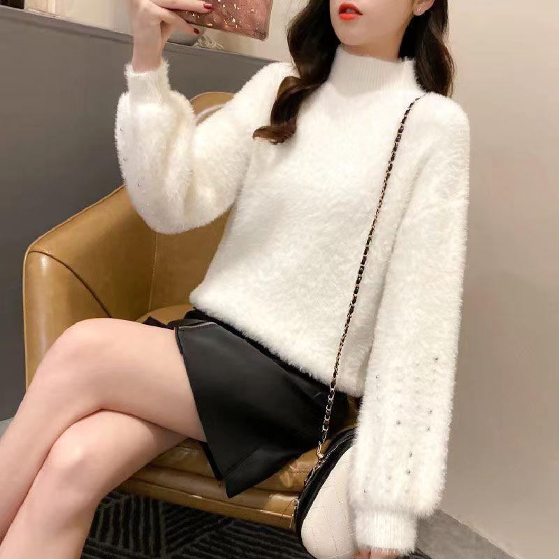 Half Turtleneck Mohair Sweater Women's Autumn and Winter Long-sleeved All-match Slim Pullover Knitted Top