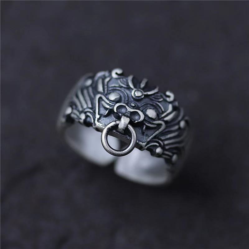 Retro Taotie Ring For Men Chinese Mythology Open Ring Unisex Handmade Jewelry Designer Gift Lover Accessories