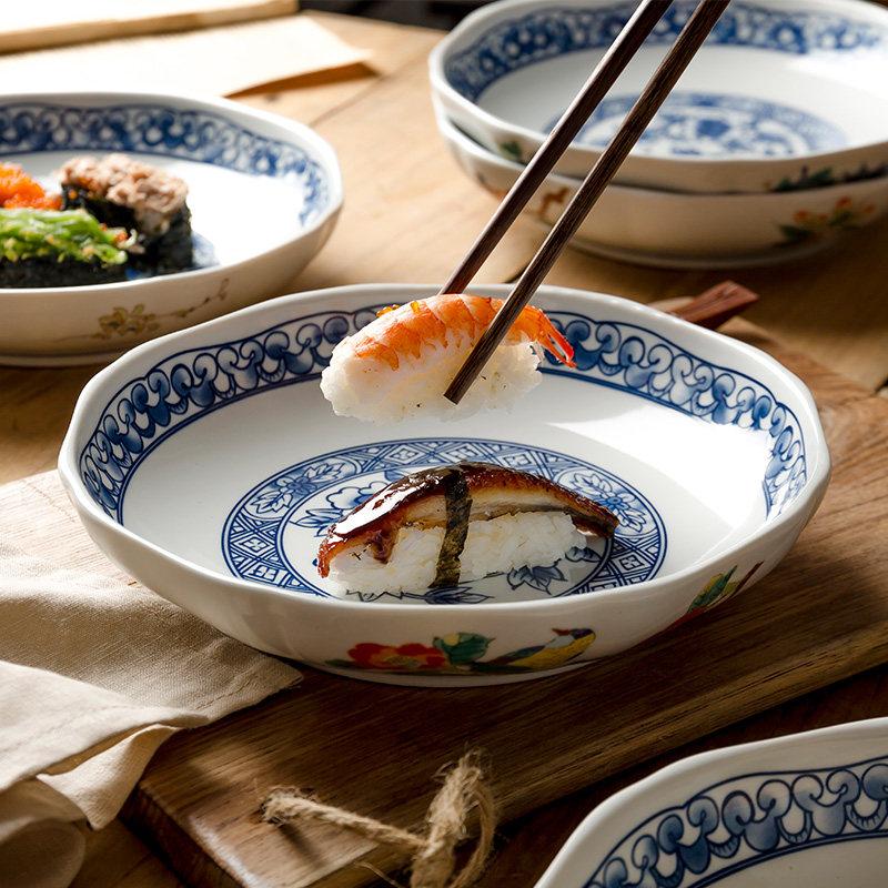 BEPAN 1PC Chinese Retro Blue and White Ceramic Plates Hand-Painted Bowl Set Deep Dishes Tableware for Home Kitchen and Commercial Use