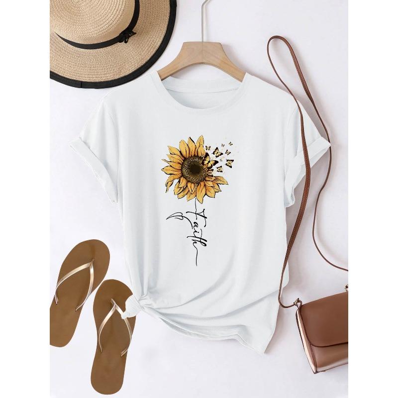 

Womens Sunflower Butterfly Print Tee Round Neck Short Sleeve Casual Everyday Top S белый