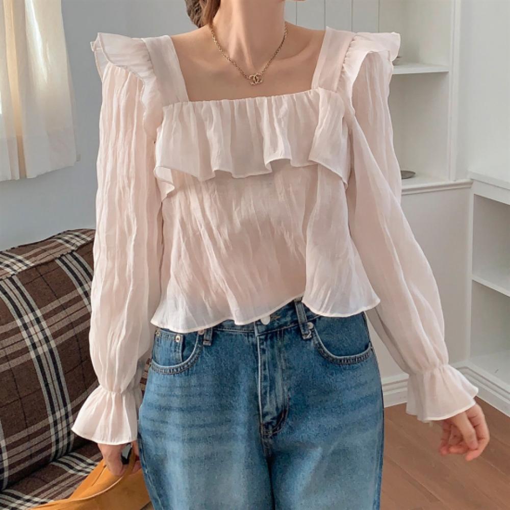 New Arrivals Open Run Women Frill Square Neck Crop Sheer Puff Blouse Fall