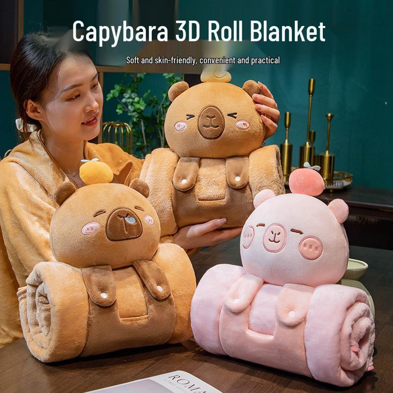 3D Cartoon Capybara Foldable Blanket Pillow for Office Nap and Air Conditioning
