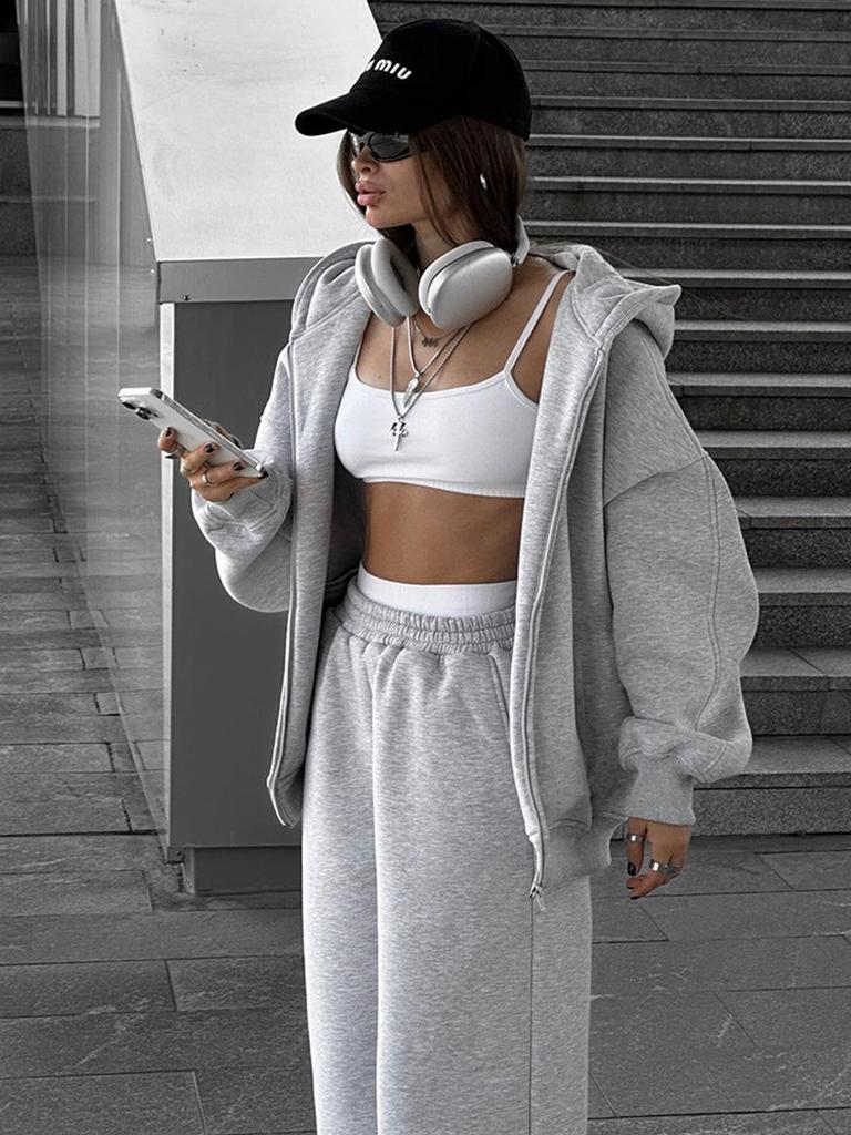 2025 Damen Einfarbiger Kapuzen-Cardigan und Jogger-Set - Europäischer & Amerikanischer Stil Zweiteiler