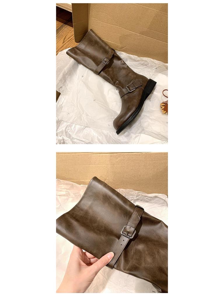 Su Yinyin Retro Cowhide Double Buckle Over-the-Knee Chunky Heel Round Toe Knight Boots for Women