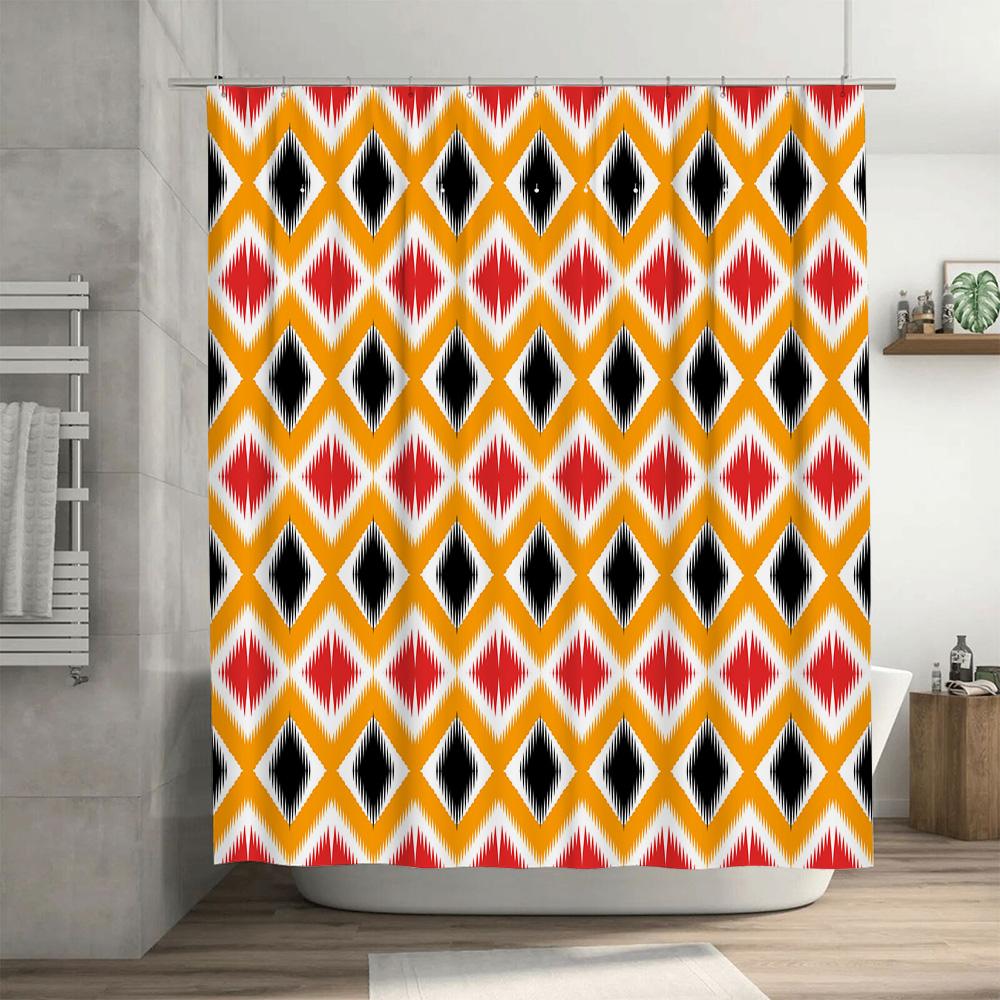 Modern Decorative Shower Curtain Vivid Printed Fabric With Diamond Pattern In Red, Black, White Yellow For Bathroom Decoration (