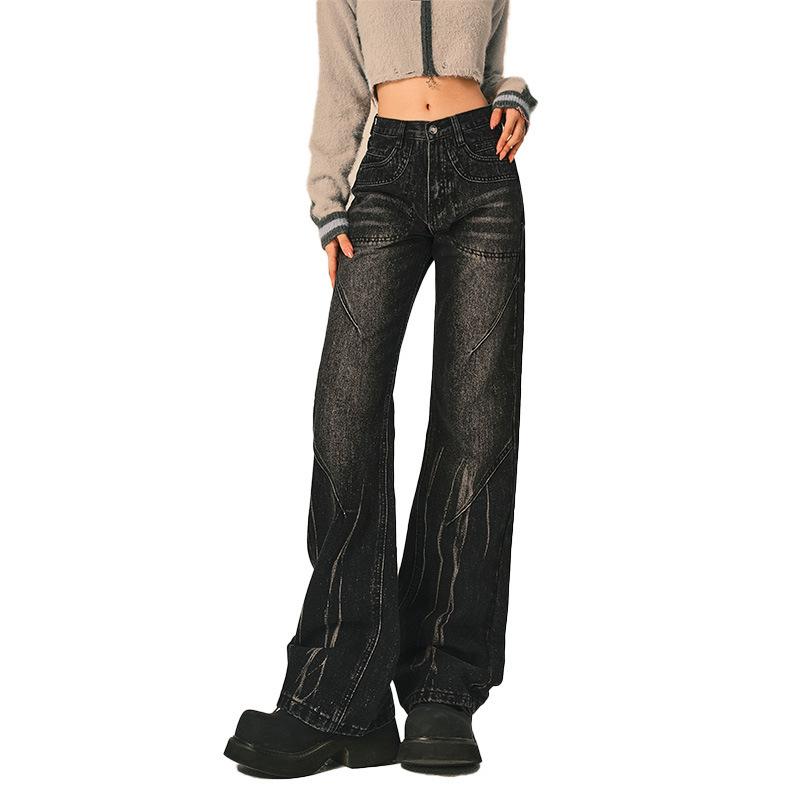 

Черные джинсы в стиле ретро тай-дай для женщин и нишевые брюки с высокой талией для похудения с микродинамиком 2XL чёрный