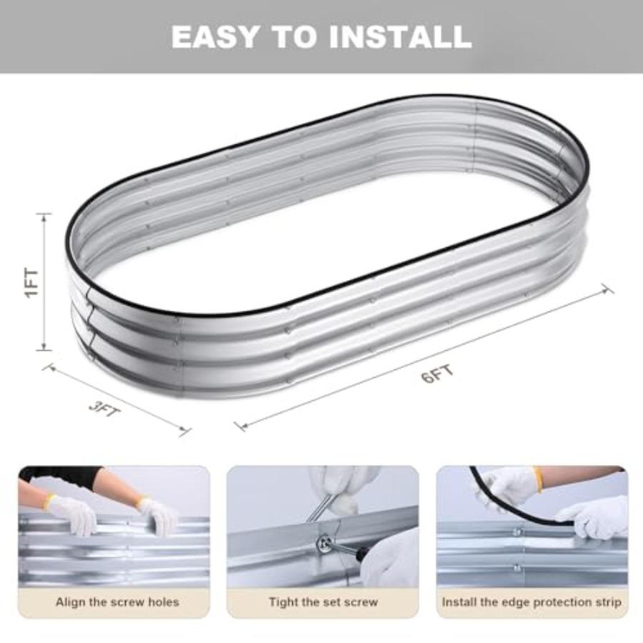 Raised Garden Bed 6x3x1ft Galvanized Outdoor Planter Beds with Safety Edging and Gloves Oval Metal Planter Box for Gardening Ve