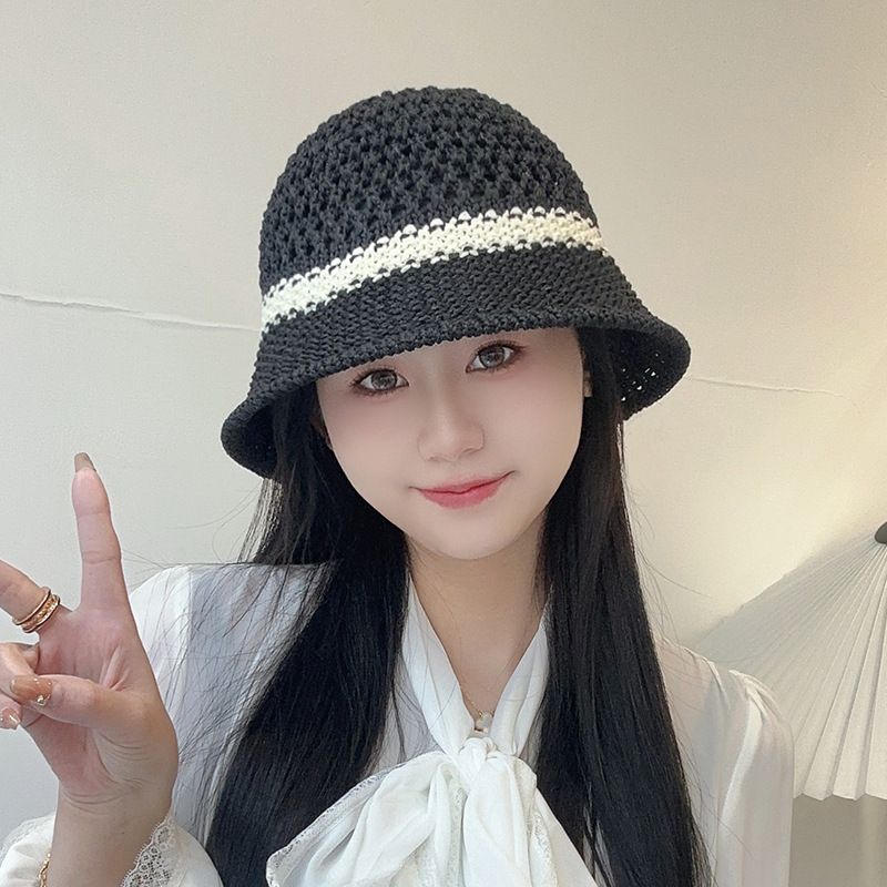 Straw Hat Women's Summer Beach Hat Outdoor UV-Proof Breathable Weaving Hollow Bucket Hat Wide Brim Face Small Hat