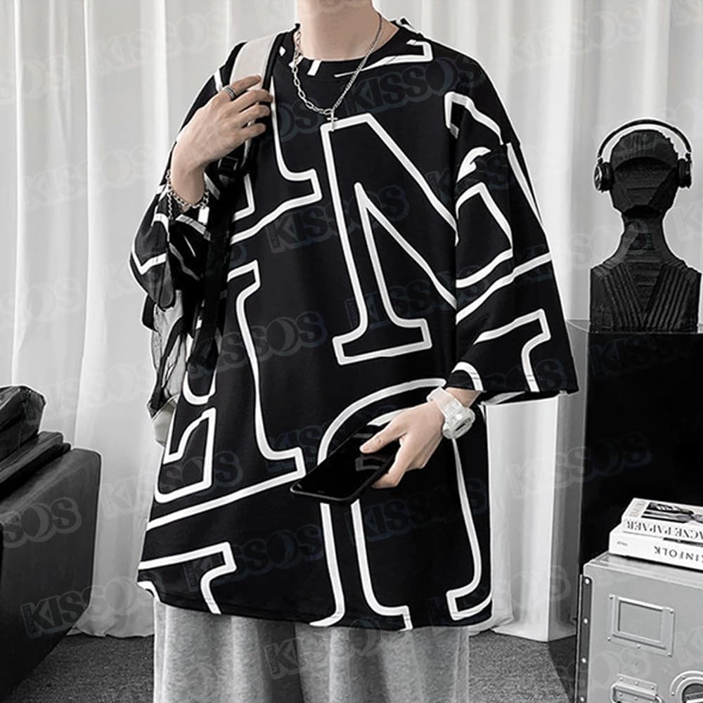 KISSOS Loose Fit Korean Casual Top Men's T-Shirt, All-Over Print, 3/4 Sleeve, Fashion, (XL)