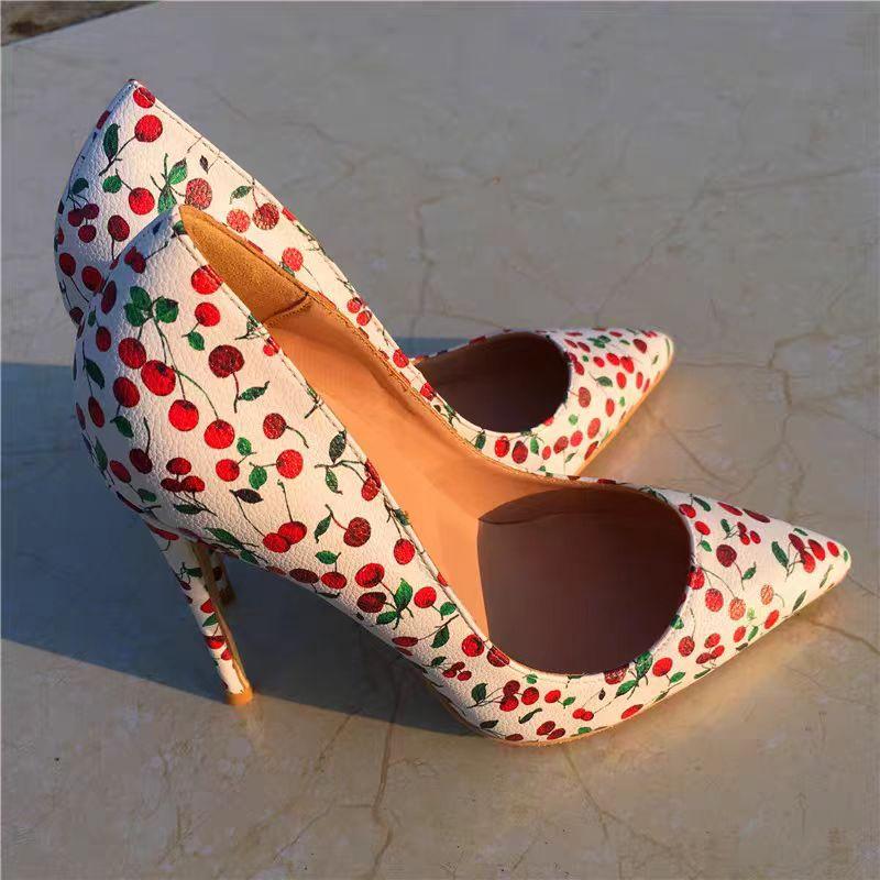 2025 new women's shoes cherry pattern French girl high heels 10CM thin heel soft leather shallow mouth pointed single shoes