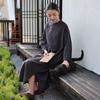 Johnature Women Chinese Style Dress Stand Long Sleeve Spring Solid Color Button A-Line Vintage Dresses