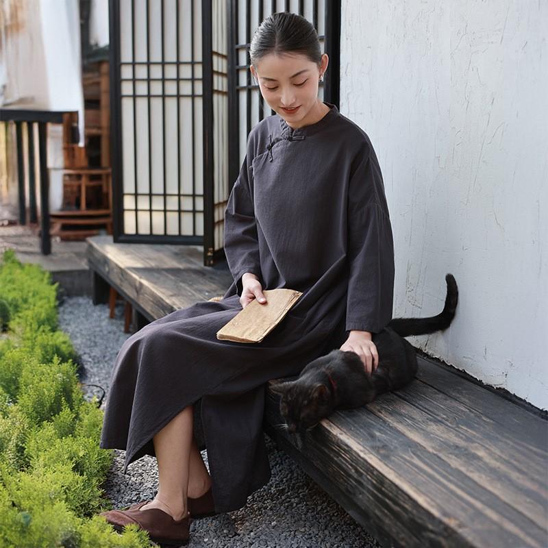 Johnature Women Chinese Style Dress Stand Long Sleeve Spring Solid Color Button A-Line Vintage Dresses