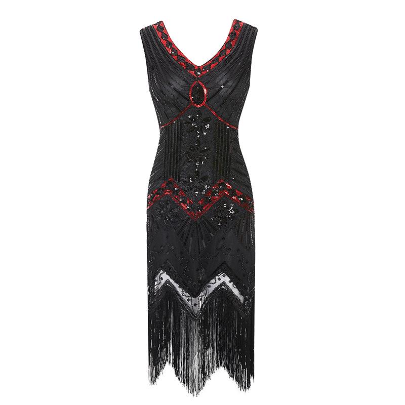 Retro Sequined Beaded Dress Front and Rear Deep V-neck Fashionable Fringed Dress, Popular Evening Dress