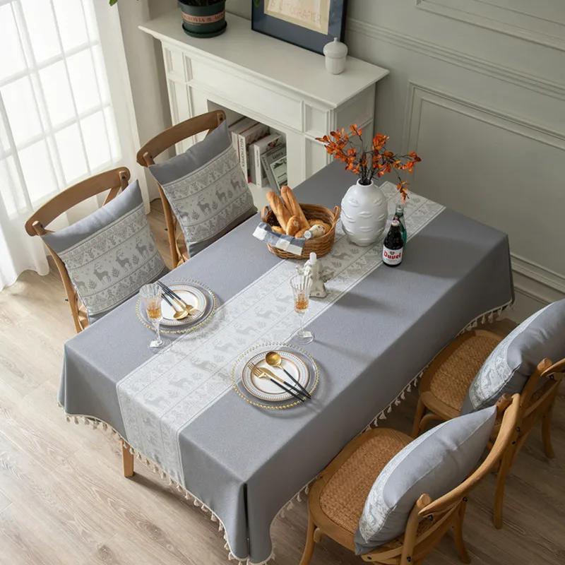 Nordic Linen Geometric Wave Pattern Embroidered Deer Tablecloth Square Multifunctional Cover Cloth