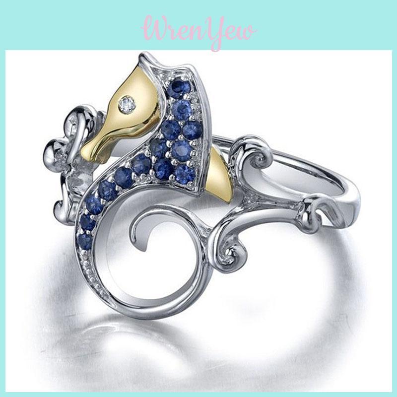 Elegant Women Silver Plated Sapphire Sea Horse Ring Perfect For Weddings And Parties