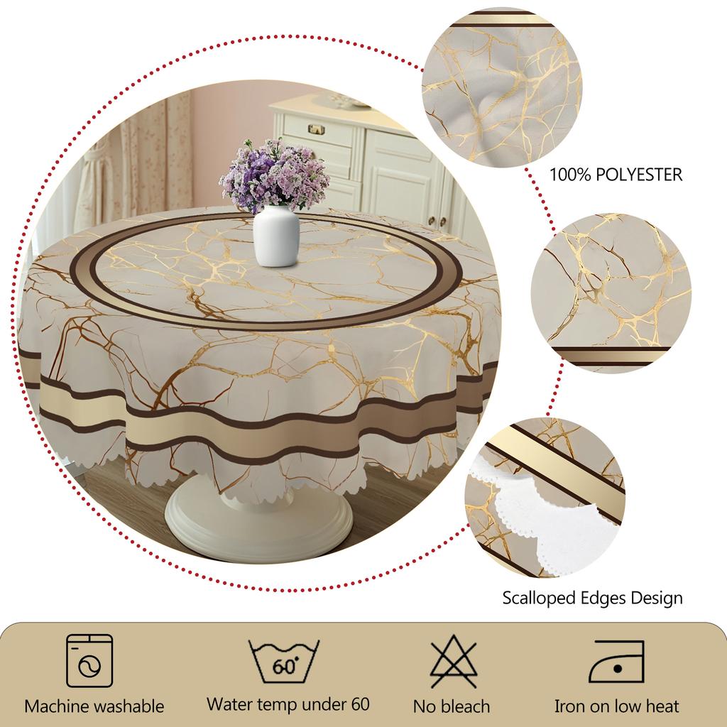 1 Piece of Light Luxury Marble Print Round Tablecloth, Available In Various Sizes, with Gold Marble Pattern, Outer Ring with Contrasting Color