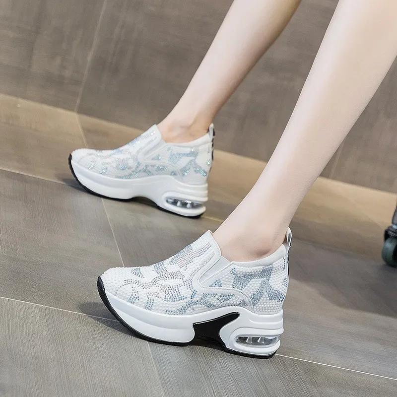 Fashion 2025 New Women's Casual Shoes with Increased Height Inside Thick-Soled Diamond Sports Running Shoes, White Sneakers and Wedges