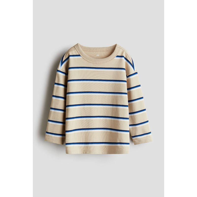 

HM Children s Clothing Boys T-shirt Autumn Soft Plaid Rib round-Neck Striped Long-Sleeved Top 1246985 Beige/Blue Stripes 110/56(2-4Y)