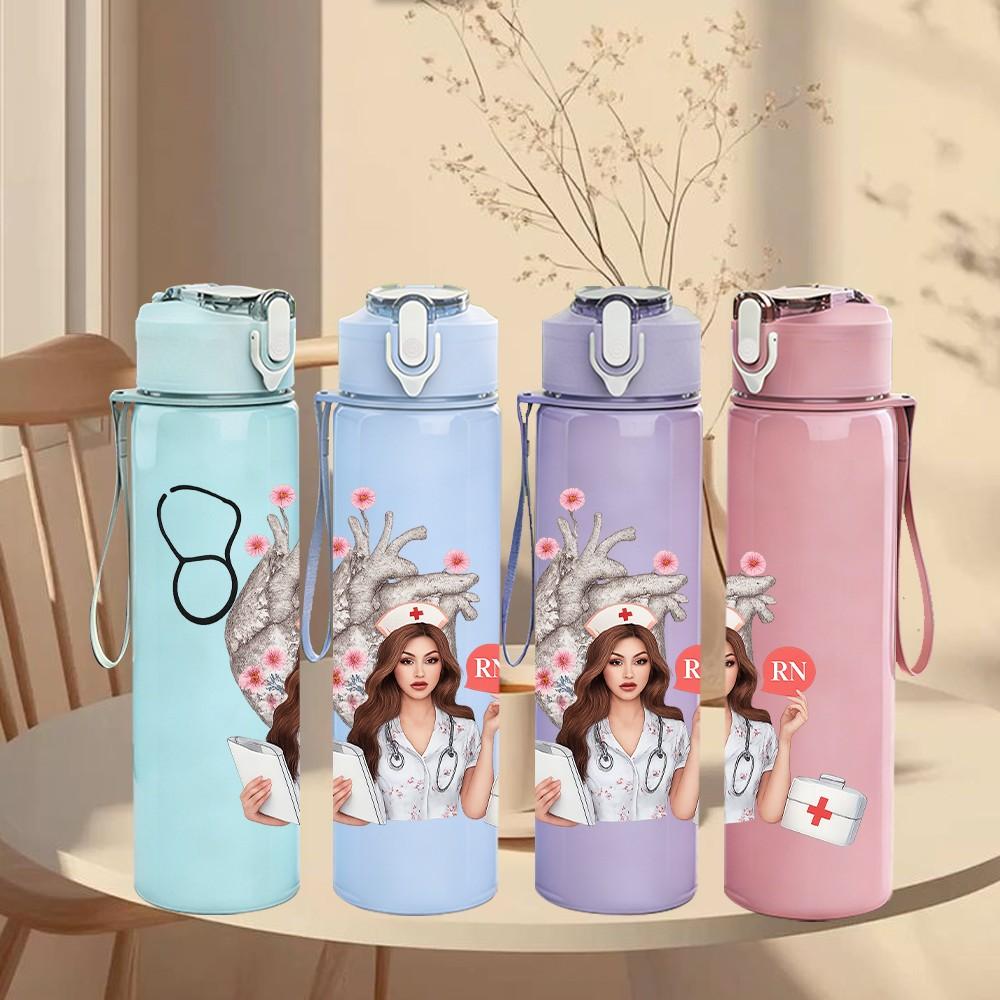 1PC Nurse Glasses Cute Portrait 750ml Color Plastic Sports Water Bottle Leakproof Flip Straw Lid Suitable for Sports Office Home Use