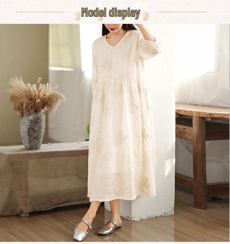 Elegant French Fairy Dress - Women's Heavy Embroidery Ramie Long White Dress