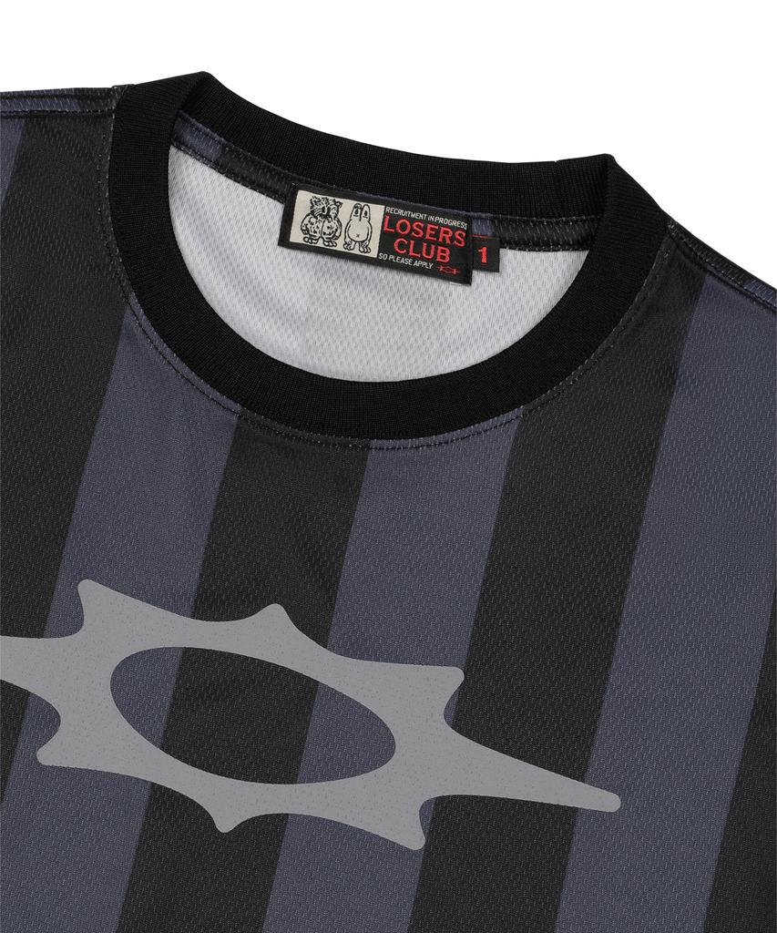 Lujeoseukeulleob Logo Stripe Crop Mesh T-Shirt Charcoal