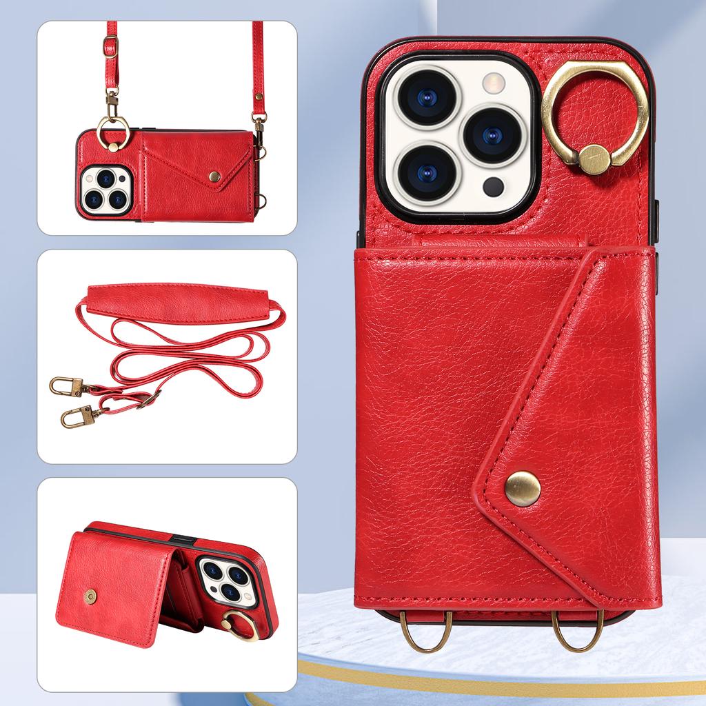 For iPhone 15 Series.for iPhone 15,15 Plus,15 Pro,15 Pro Max Shoulder Strap Rope Ring Bracket Design Card Holder Slots Lichee Pattern Cover Phone Case