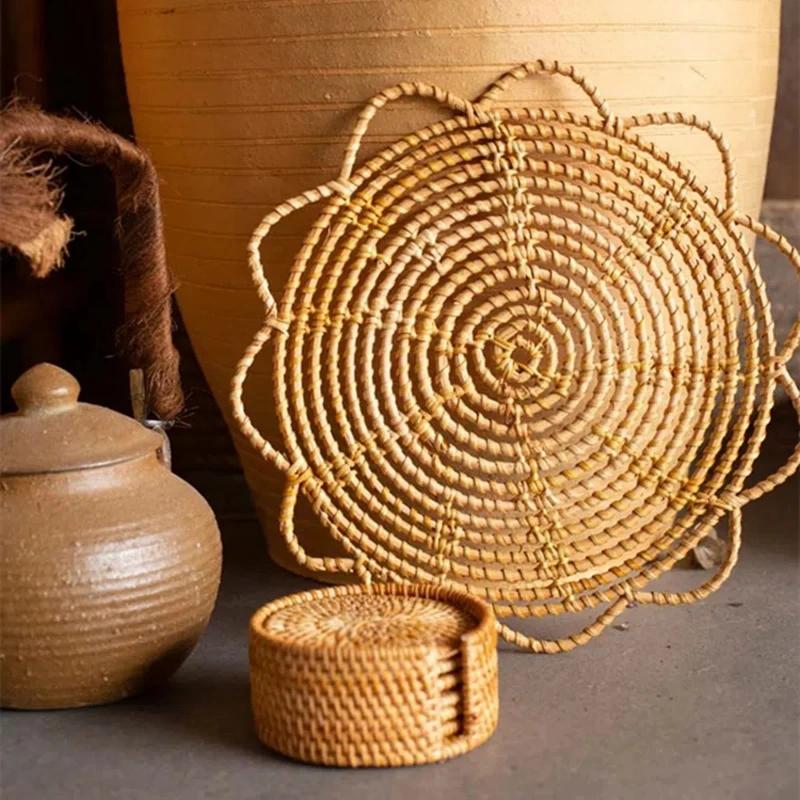 Round Wicker Tray Rattan Woven Wall Hanging Bohemian Country Style Handmade Wall Decor For Living Room Bedroom Wall Display