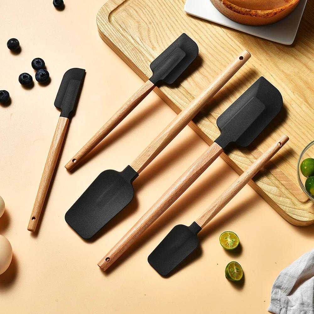 5Pcs/Set White Silicone Cream Spatula Non-stick Pastry Blenders Wood Handle Chocolate Butter Baking Scraper Kitchen Cake Mixer