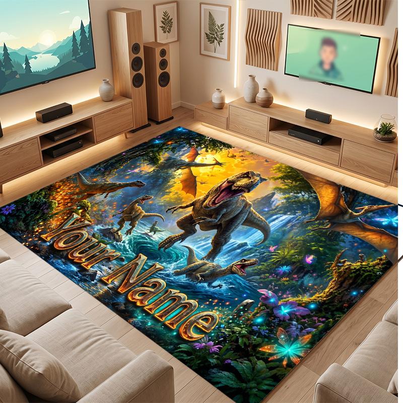 Dinosaur Theme Soft Crystal Velvet Rug Custom Name & Text Print Non Slip Floor Rug for Bedroom Living Room