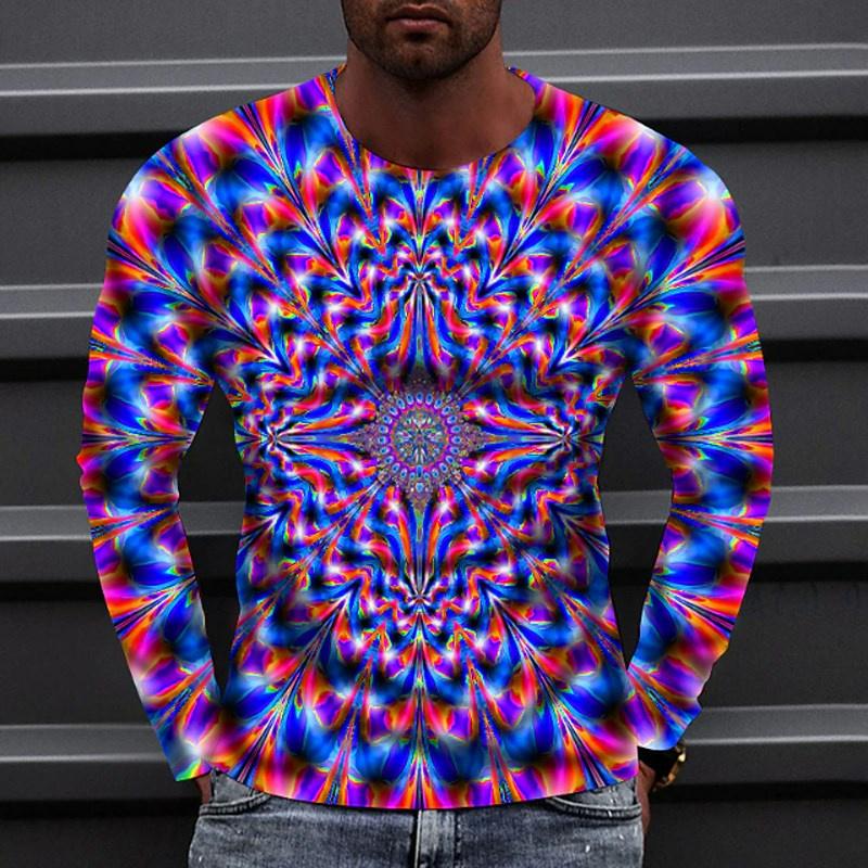 Optical Illusion Pattern T-Shirt For Men Colorful 3D Printed T Shirts Summer Casual Harajuku Loose Tees O-Neck Tops Long Sleeves