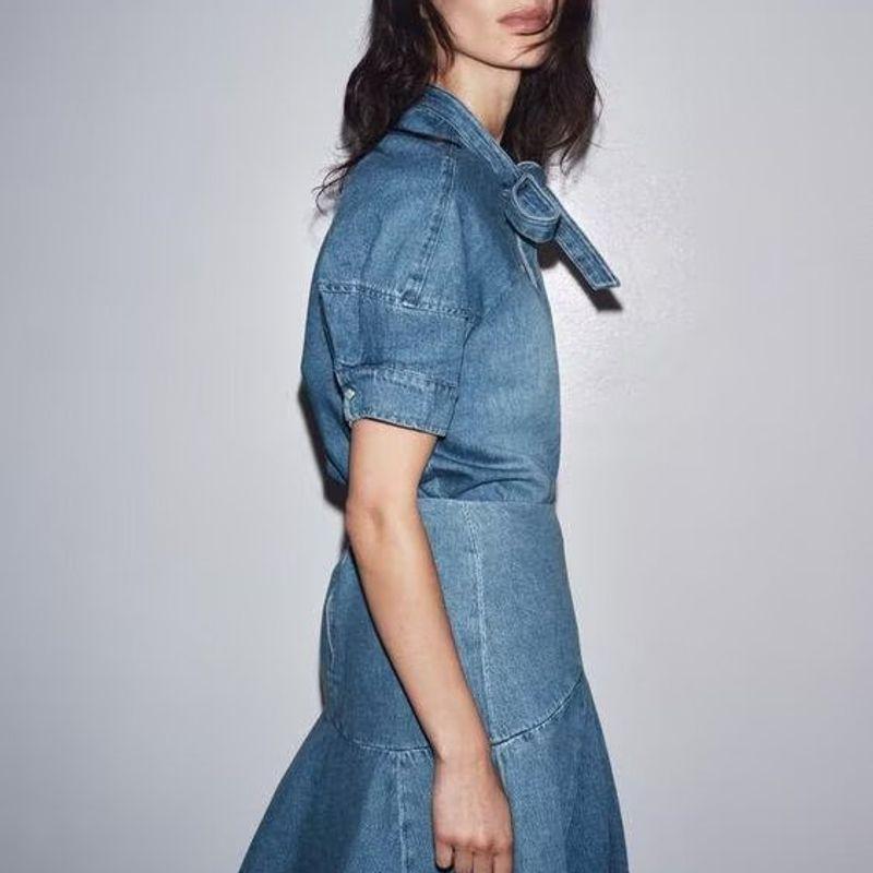 Zbzr Autumn New Women clothes Western Style Knot Decoration Demin shirt Midi Dress 5216249244 9863244
