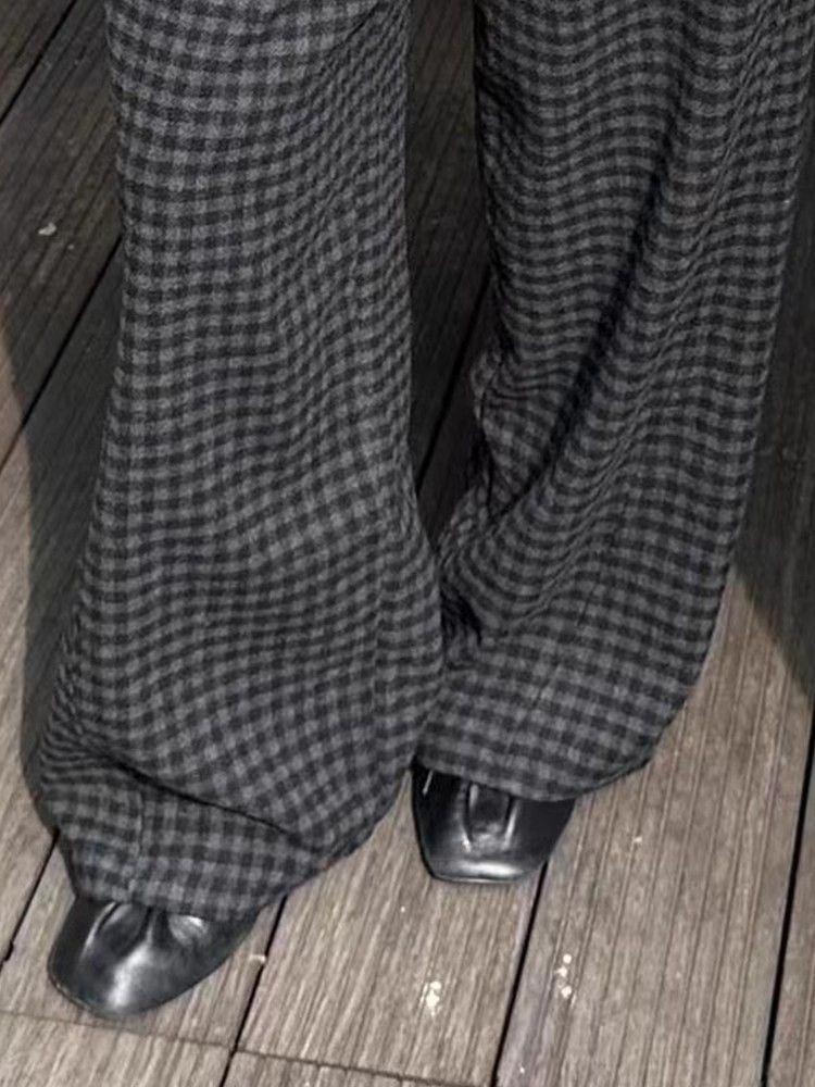 Korean Style High-Waisted Plaid Wool Wide-Leg Pants for Women - Autumn/Winter Trend