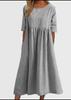 Women's Round Neck 3/4 Sleeve Linen Cotton Loose Midi Dress With Side Pockets Casual Swing Dress