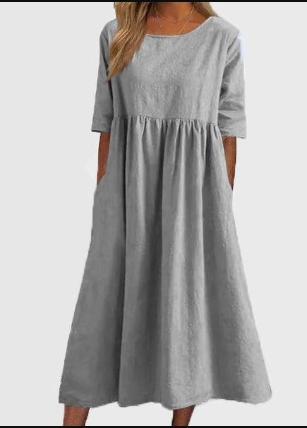 Women's Round Neck 3/4 Sleeve Linen Cotton Loose Midi Dress With Side Pockets Casual Swing Dress