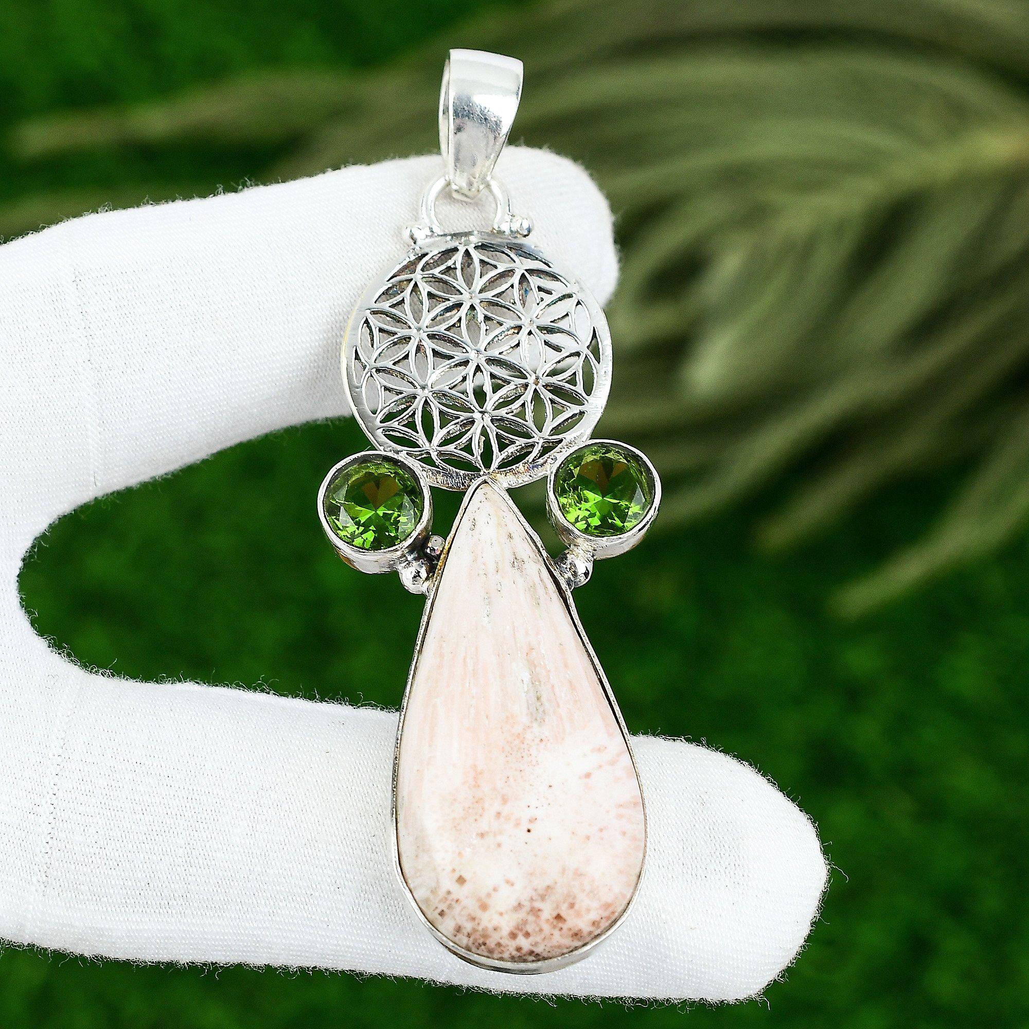 

Crown Chakra Pear Natural Scolecite Peridot 925 Sterling Silver Wedding Pendant