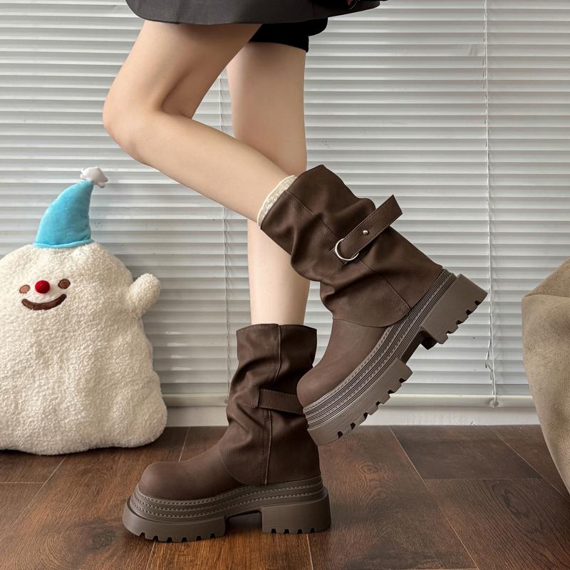 Fashion Thick Bottom Women Western Cowboy Boots Fashion Belt Buckle Autumn Winter Female Slip On Mid Calf Booties