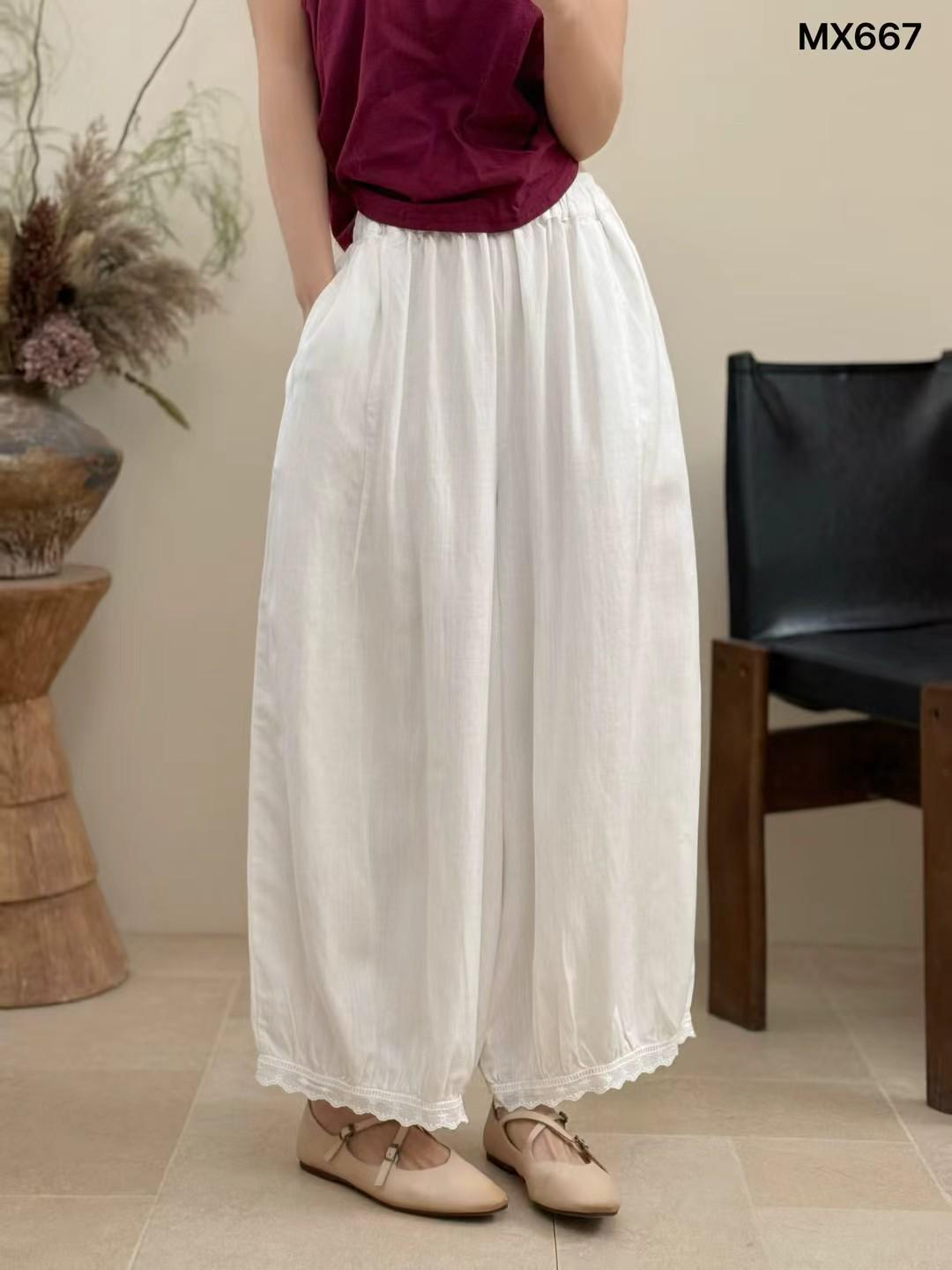 

2026 Spring Patchwork Lace Wide-Leg Linen Pants - Mori-kei Casual Lantern Style One Size