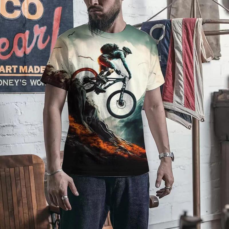 Summer New Fashion Cool Motocross Pattern T-Shirt Men's Trendy Taste Harajuku 3D Bicycle Printed Plus Size Short Sleeve Tees