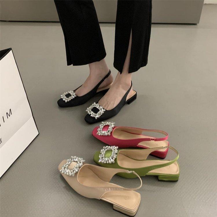 High Heel Sandals Thick Heeled Women's 2024 Summer New Square Button Rhinestone Fairy Style French Square Toe Single Shoes