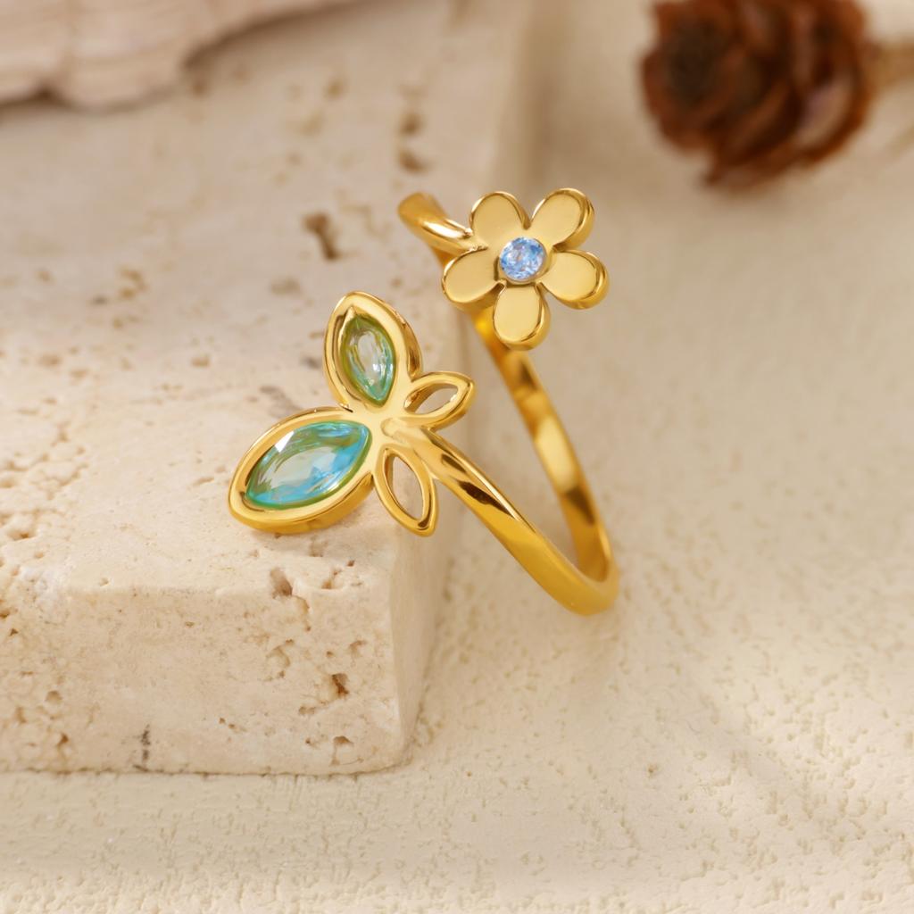 Elegant Zircon Flower Butterfly Rings For Women Gold Stainless Steel Flower Adjustable Ring Wedding Christmas Jewelry Gift