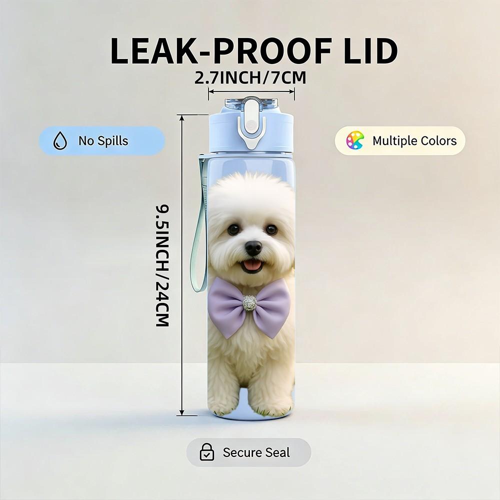 1PC White Poodle Puppy Print 750ml Color Plastic Sports Water Bottle Leakproof Flip Straw Lid Suitable for Sports Office Home Use
