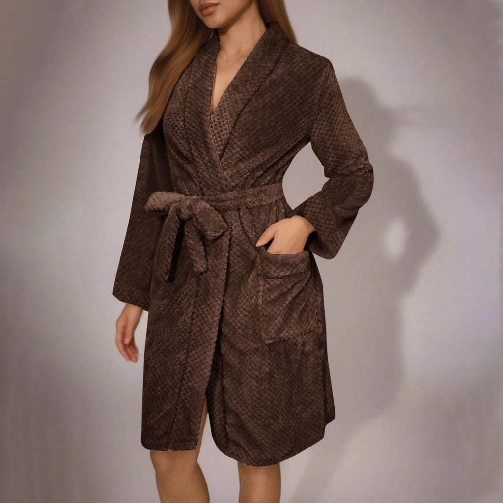 Women's Solid-Color Long-Sleeve Autumn/Winter Warm Bathrobe Plush Homewear Robe Homewear Set