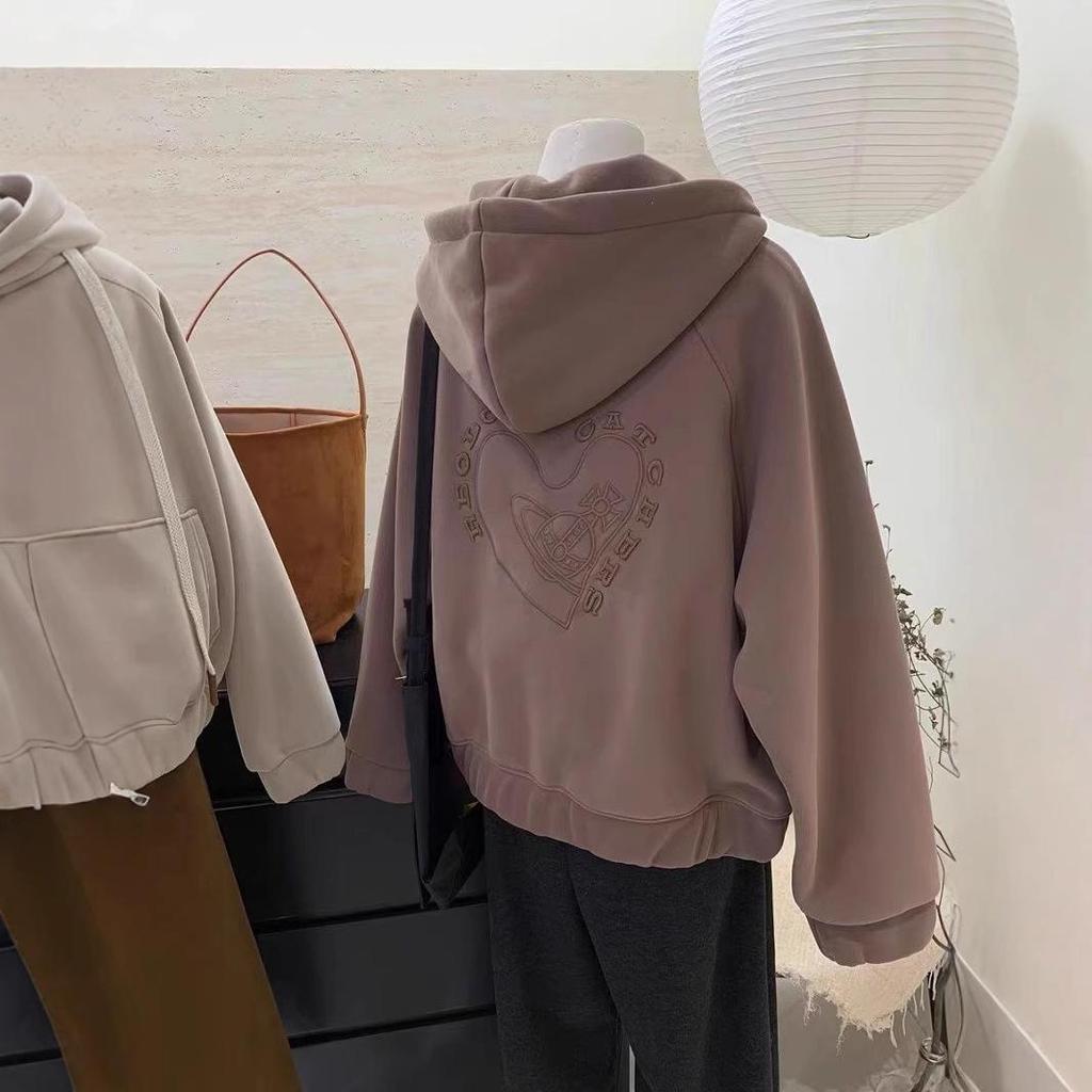 Women's Vintage Fleece-Lined Zip-Up Sweatshirt with Heart Embroidery, Double Zipper, Thick Hood, Loose Fit