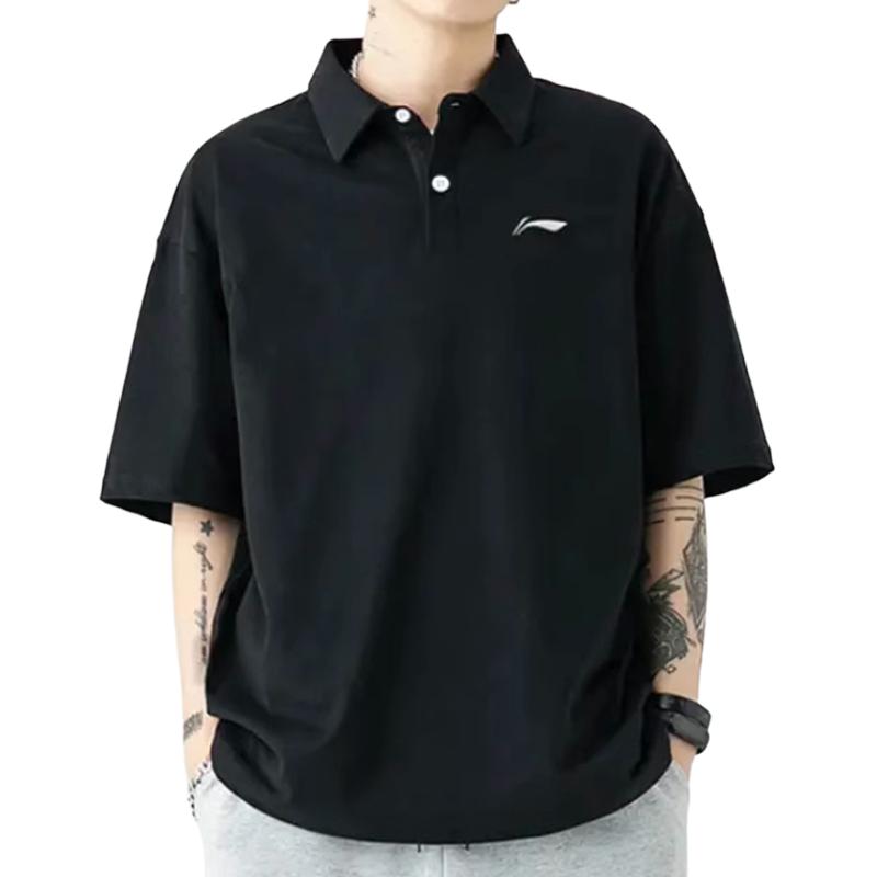 Li Ning Pure Cotton Summer Solid Color Retro Casual Loose Polo Shirt Men tops ASPL723-1