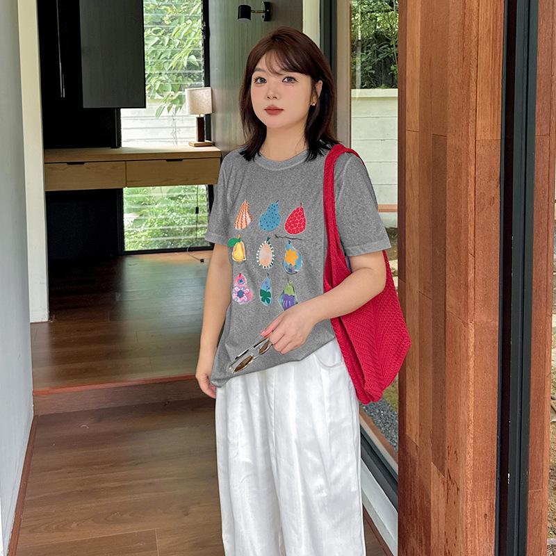 Large size women's creative three-dimensional cartoon fruit printing T-shirt summer loose age-reducing top 262801