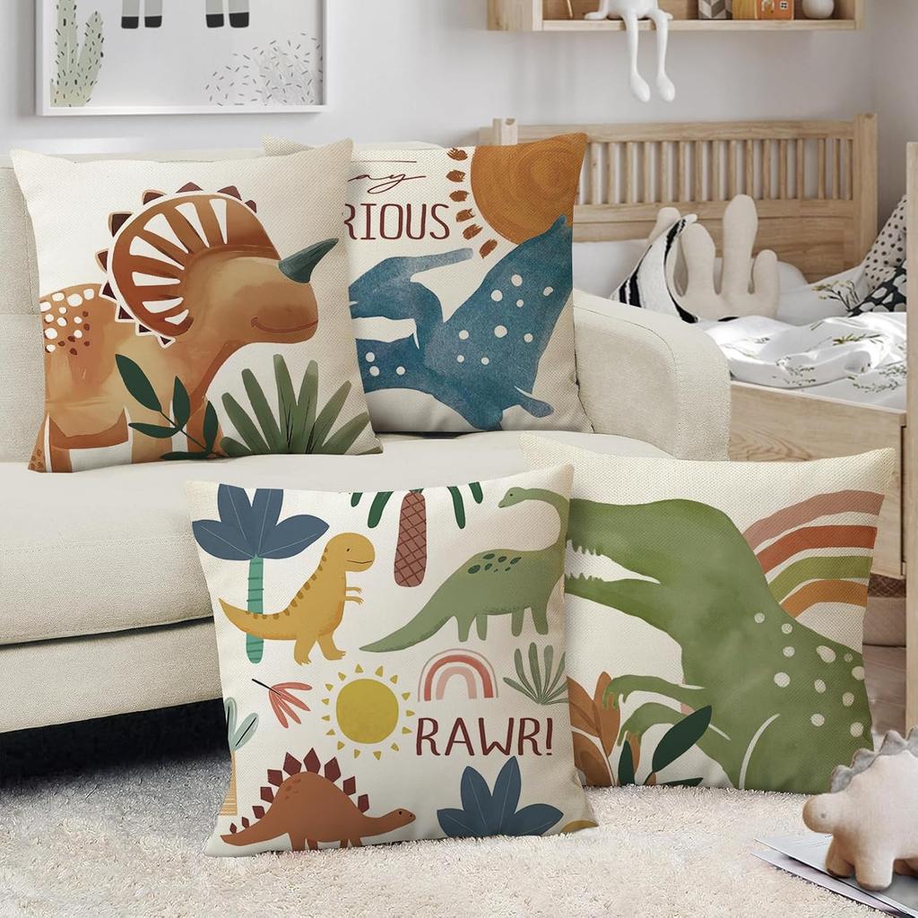 Fahrendom Boho Dinosaur Rawr Decorative Throw Pillow Covers 18 x 18 Set of 4, Bohemian Dino Stay Curious Porch Patio Outdoor Pillowcase, Sun Rainbow