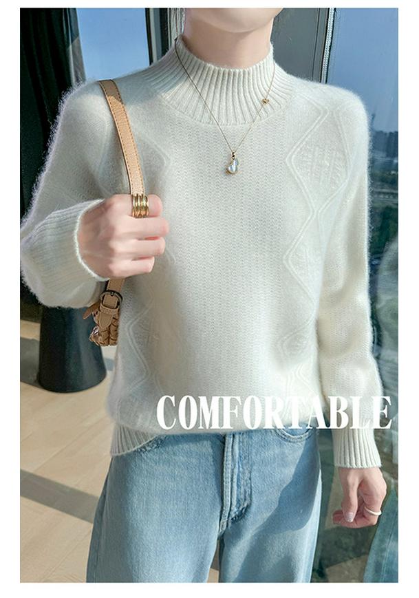 Women's Thick Wool Knit Sweater - Ribbed Half-High Neck, Long Sleeve, Loose Fit, Versatile Style.